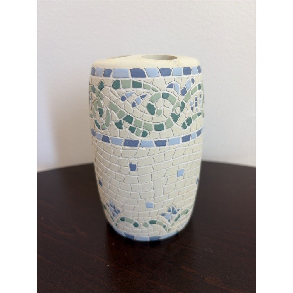 Casual Home Ceramic Toothbrush Holder Mosaic Blue Green And Cream  5 In Tall